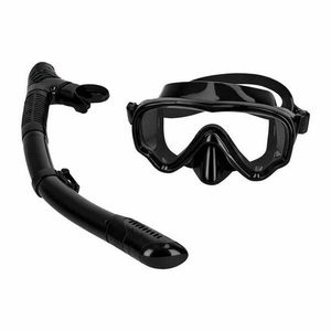 Masca de snorkeling Ikonka cu vedere 180, sticla securizata, si Tub respirator cu sistem dry top, anti-aburire, Black imagine