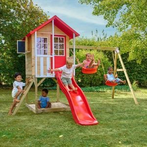 Casuta de gradina TP TOYS, Poppy Cottage, cu platforma cu loc pentru nisip, tobogan si leagan dublu, lemn, rosu/maro/alb imagine