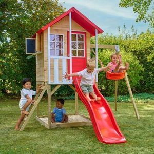 Casuta de gradina TP TOYS, Poppy Cottage, cu platforma cu loc pentru nisip, tobogan si leagan simplu, lemn, rosu/maro/alb imagine