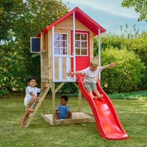 Casuta de gradina TP TOYS, Poppy Cottage, cu platforma cu loc de nisip si tobogan, lemn, rosu/maro/alb imagine