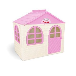 Casuta de joaca pentru copii Doloni PinkWhite small, cu usa, ferestre largi cu perdele din material textil, arcade elegante, dimensiune 128.5 x 78 x 119.5 cm imagine