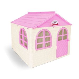 Casuta de joaca pentru copii Doloni PinkWhite medium, cu usa, ferestre largi cu perdele din material textil, arcade elegante, dimensiune 137.5 x 130 x 119.5 cm imagine