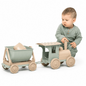 Trenulet pentru joaca in nisip cu 1 vagon Doloni Eco greenbeige, include stropitoare, lopatica si grebla, 67.5 x 19 x 25 cm imagine