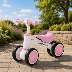 Bicicleta de echilibru fara pedale Trike FIX Tini V2 PinkWhite, design cu patru roti, roti EVA, cadrul din otel carbon, sarcina maxima 30 kg imagine