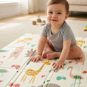Covoras educativ PetiteMars Campy L din spuma XPE non-toxica, cu doua fete, suprafata antiderapanta, 130x200 cm, pliabil compact 40x32x21 cm, model animalute si forme geometrice imagine