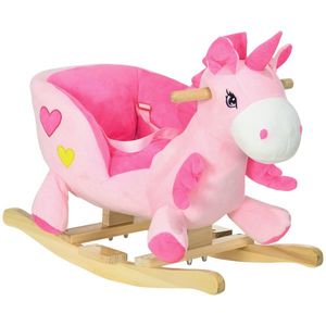HOMCOM Calut Balansoar, Unicorn Balansoar din Pluș cu Bază din Lemn și Centură de Siguranță pentru Copii, 65x35x45 cm, Roz | Aosom Romania imagine