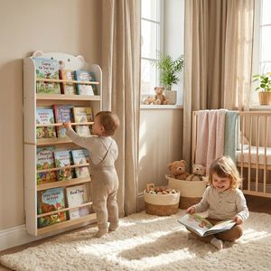 Raft depozitare carti si jucarii Bear, U-Grow, 60x15x123 cm, MDF, alb/natur imagine