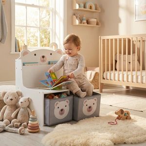 Organizator jucarii / mobilier camera copilului Bear, U-Grow, 60x42x61.5 cm, MDF, alb/gri imagine