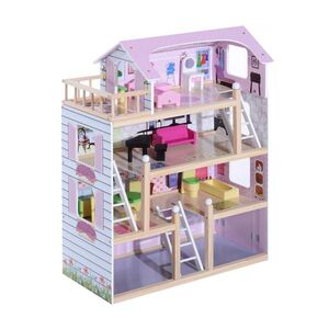 Imagine HOMCOM Casă de Păpuși pentru Copii 3+ Ani din Lemn de Pin și MDF cu 4 Etaje și 13 Accesorii, 60x30x80 cm, Roz | Aosom Romania