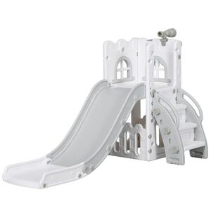 Imagine AIYAPLAY Set tobogan pentru copii 5 în 1 cu cățărare, baschet, minge, telescop și coș de depozitare, 1-3 ani, gri | Aosom Romania