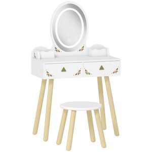 Imagine AIYAPLAY Set Măsuță și Scaun pentru Copii cu Oglindă cu Lumini LED în 3 Culori, Sertar, Cutii de Depozitare, pentru 3+ Ani, Alb | Aosom Romania