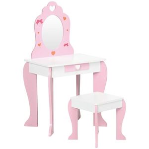 Imagine ZONEKIZ Set de masa de machiaj cu scaun si oglinda si sertar din lemn MDF pentru copii de 3-6 ani, alb si roz | AOSOM RO