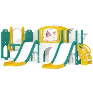 Imagine AIYAPLAY Set de topire și leagăn 9 în 1 pentru Copii, cu Coș de Baschet, Telescop, Tablă de Desen, Design de Broască, Galben+Verde | Aosom Romania