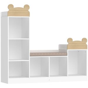 Imagine AIYAPLAY Bibliotecă pentru copii, mobilier depozitare 3 în 1 cu bancă, 6 compartimente, 2 rafturi, pernă de șezut, Alb | Aosom Romania