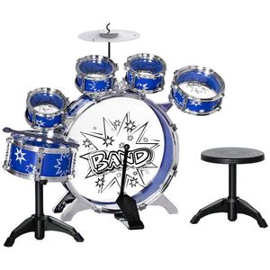Imagine AIYAPLAY Set de Tobe cu Pedală, Tobe Medii și Mici, Ciocan și Scaun pentru Copii de 3-6 Ani, 65x22x57 cm, Albastru | Aosom Romania