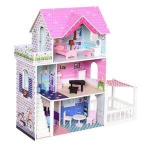 Imagine Casa de Papusi din Lemn pentru Copii 3 ani+ cu 12 Accesorii, Trei Etaje, Curte si Mobilier 86x30x87cm Roz HOMCOM | Aosom RO