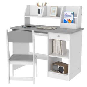 Imagine ZONEKIZ Birou pentru copii cu scaun ergonomic, cu tavă culisantă pentru tastatură, nișe și rafturi deschise 90 x 45 x 90 cm gri | Aosom Romania