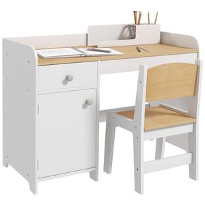 Imagine ZONEKIZ Birou pentru copii cu scaun, masă pentru copii cu sertar, dulap și blat generos, pentru 3-6 ani, 80 x 39 x 59 cm, alb | Aosom Romania