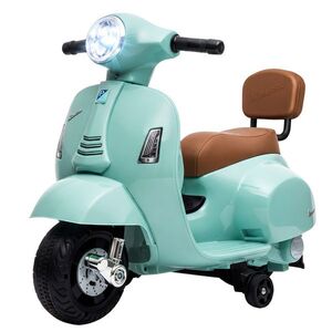 Imagine AIYAPLAY Motocicletă electrică pentru copii licențiată Mini Vespa GTS 2 roți auxiliare baterie litiu far claxon spătar Verde | Aosom Romania