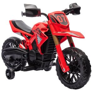 Imagine AIYAPLAY Motocicletă Electrică pentru Copii 3-8 Ani, 2 Motoare 12V, Roți Ajutătoare și Claxon, 3 Km/h, 30 Kg, Roșu | Aosom Romania