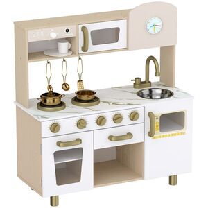 Imagine AIYAPLAY Bucătărie de Jucărie pentru Copii cu Plită, Robinet și Accesorii, MDF și Oțel Inoxidabil, 74 x 29 x 81 Cm, Alb | Aosom Romania
