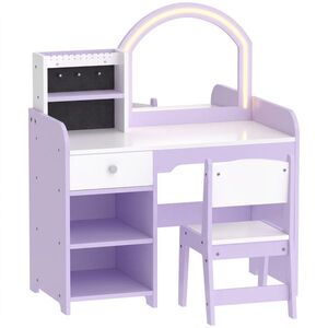 Imagine AIYAPLAY Set măsuță de toaletă 2 în 1 pentru fetițe, cu scaun și oglindă, lumini în 2 culori, suport bijuterii, sertar, mov | Aosom Romania