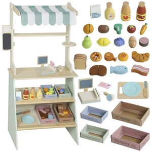 Imagine AIYAPLAY Supermarket pentru copii 34 pcs, tejghea din lemn, tablă neagră, casă de marcat și accesorii, 40x30x92, 5cm, verde | Aosom Romania