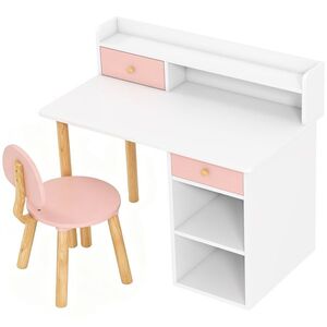 Imagine AIYAPLAY Set birou și scaun pentru copii din lemn, cu 2 sertare și rafturi, pentru cameră, birou sau grădiniță, roz | Aosom Romania