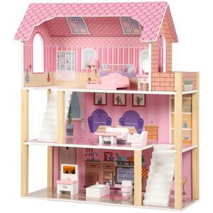 Imagine AIYAPLAY Casă de Păpuși din Lemn pentru Copii, 3 Etaje, 10 Piese de Mobilier, 6 Camere, Cadou pentru Fete 3-6 Ani, Roz | Aosom Romania