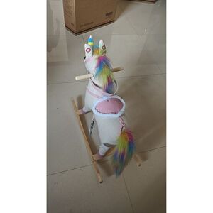 Imagine AIYAPLAY Căluț Balansoar pentru Bebelusi Design Unicorn cu Sunet Cal Balansoar Bază din Lemn pentru Copii 1-3 Ani Crem | Aosom Romania