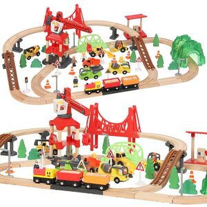 Imagine AIYAPLAY Trenuleț din lemn pentru copii 3+ ani, 91 piese, cu macara, șine, vehicule și figurine, multicolor | Aosom Romania