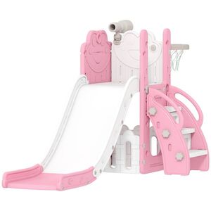 Imagine AIYAPLAY Set tobogan 5-în-1 pentru copii, telescop, coș de baschet, HDPE, plastic, Roz+Alb | Aosom Romania