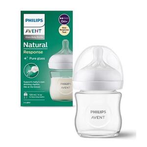 Imagine Biberon din sticla Philips Avent Natural Response SCY930/01, 120 ml, Debit 2, Tetina fara scurgeri, +0 luni, Fara BPA (Alb/Transparent)