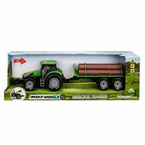 Imagine Tractor verde cu remorca cu lemne, cu lumini si sunete, Maxx Wheels, 44 cm