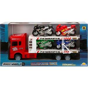 Imagine Transportator rosu cu 2 niveluri si 4 motociclete, Maxx Wheels, 1: 32, 32 cm