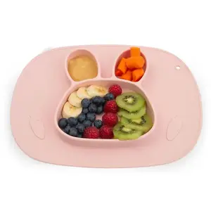 Imagine Farfurie compartimentata Ricokids Iepuras Roz cu capac din silicon , fara bpa, potrivit pentru masina de vase si microunde