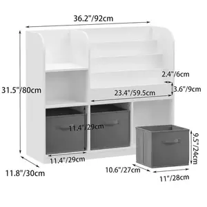 Imagine Organizator pentru jucarii si carti Ginger Home Montessori Alb cu 3 cutii, 4 rafturi carti si 2 polite, realizat din mdf, dimensiune 92x30x80 cm