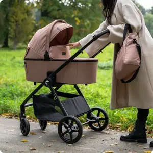 Imagine Carucior 2 in 1 pentru copii, Kidnort Alskar black, cu Landou pliabil, capotina extensibila, spatar reglabil si suport de picioare ajustabil, 0 Luni+ 22kg