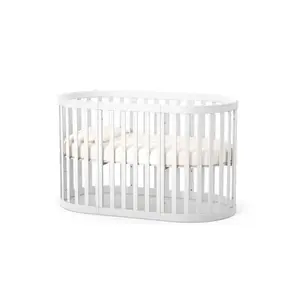 Imagine Patut oval pentru copii 90140x70cm LD14 Alb din lemn masiv de fag, 0-4 ani, kit extensie 140x70cm inclus, saltea inclusa, inaltimea saltelei reglabila
