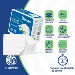 Imagine Set 20 aleze absorbante de unica folosinta Davas 60x60 cm, 5 straturi, impermeabil, benzi adezive, dispersie uniforma, transforma rapid lichidul in gel