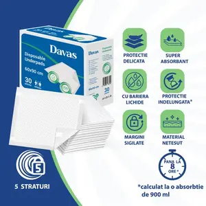 Imagine Set 30 aleze absorbante de unica folosinta Davas 60x90 cm, 5 straturi, benzi adezive, dispersie uniforma, transforma rapid lichidul in gel