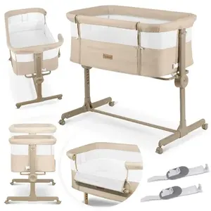 Imagine Patut co-sleeper Nukido Bej cu laterala culisanta, roti cu frane, inaltime reglabila, materiale respirabile, curele de fixare la patul parintelui, pozitie antireflux, saltea inclusa
