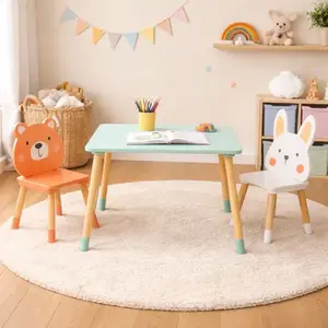 Imagine Set masuta si 2 scaunele cu spatar pentru copii Ginger Home Bear and Bunny din lemn, margini rotunjite, potrivit pentru activitatiteme, gradinita, after school, greutate suportata 40kg
