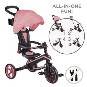 Imagine Tricicleta pentru copii Globber Explorer Roz Pal, 4 in 1 pliabila, maner pentru controlul directiei, scaun ajustabil pe inaltime, suport pentru picioare, roti din cauciuc Eva, sistem roata libera, de la 10 luni