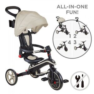 Imagine Tricicleta pentru copii Globber Explorer Bej 4 in 1 pliabila, maner pentru controlul directiei, scaun ajustabil pe inaltime, suport pentru picioare, roti din cauciuc Eva, sistem roata libera, de la 10 luni