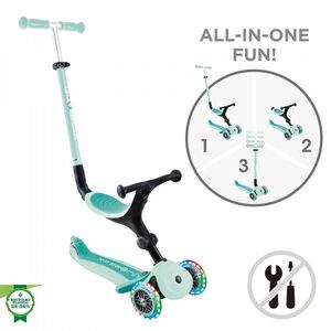 Imagine Trotineta 3 in 1 pentru copii Globber Go Up Active Verde, cu maner de impins, scaun si ghidon ajustabile, roti cu lumini LED