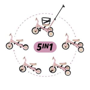Imagine Tricicleta pentru copii PetiteMars Turbo Rosy Wilderness, editie limitata, 5 in 1, multifunctionala, cu maner de ghidaj, roti din cauciuc, greutate admisa 25 kg, 1.5-5 ani