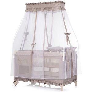 Imagine Patut pliabil pentru copii Chipolino Palace Latte cu doua nivele, saltea de infasat, baldachin, roti, geanta pentru transport, buzunar si intrare laterala