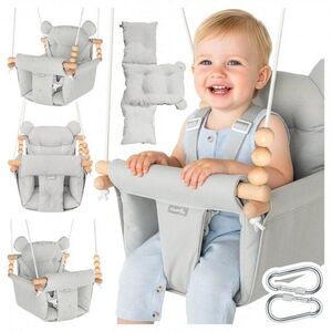 Imagine Leagan suspendat pentru bebelusi Malplay Malo Wave Grey, cu pernute confortabile si centuri de siguranta, din panza bumbac, design versatil, varsta 12-36 luni, maxim 60 kg