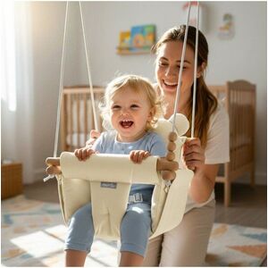 Imagine Leagan suspendat pentru bebelusi Malplay Malo Beige, cu pernute confortabile si centuri de siguranta, din panza bumbac, design versatil, varsta 12-36 luni, maxim 60 kg